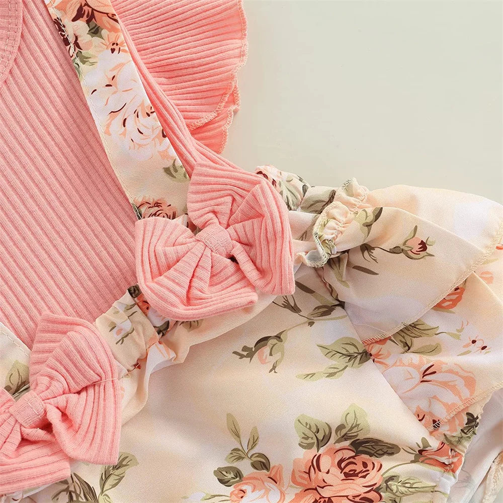 Vestido de niña  con flores y mariposas, manga con volantes con lazo