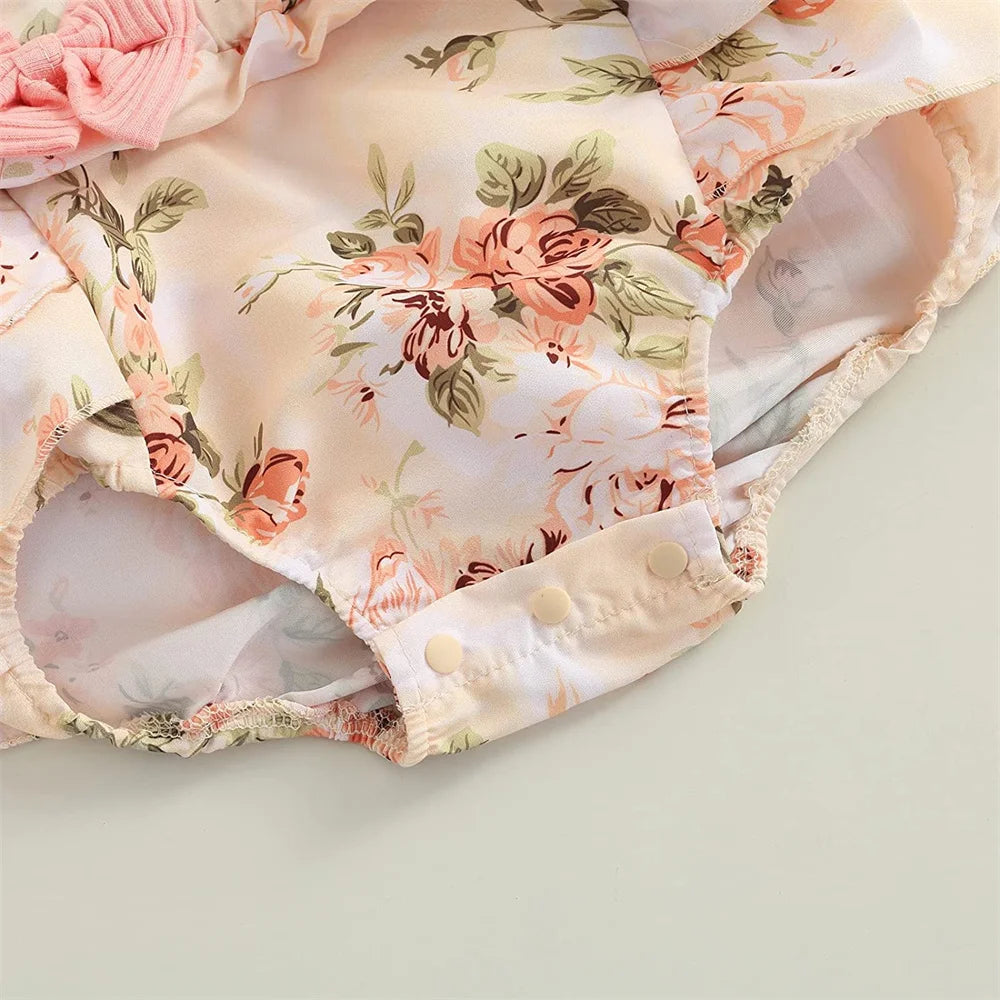 Vestido de niña  con flores y mariposas, manga con volantes con lazo