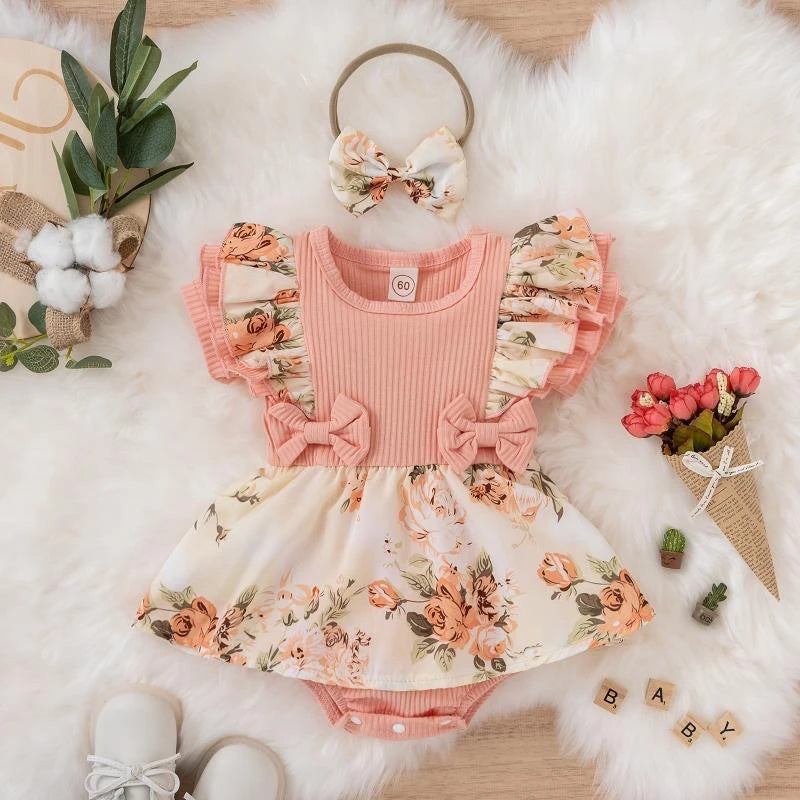 Vestido de niña  con flores y mariposas, manga con volantes con lazo