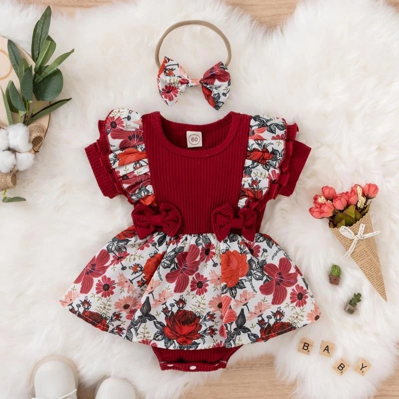 Vestido de niña  con flores y mariposas, manga con volantes con lazo